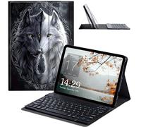 JANENFNA Étui avec clavier pour Galaxy Tab A 10.1 2019 - Étui fin amovible sans fil avec clavier Bluetooth pour tablette Samsung Galaxy Tab A 10,1" SM-T510/T515/T517 - Loups noirs et blancs