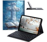 JANENFNA Étui de tablette avec clavier pour iPad 9,7", iPad 6e/5e génération 2018 2017 (modèle : A1893 A1954 A1822 A1823), étui fin amovible sans fil avec clavier Bluetooth - Sainte Croix avec Bible