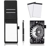 JANENFNA Lot de 4 mini supports de bloc-notes de poche en cuir avec stylo en métal et 2 petits blocs-notes 3 x 5 recharges pour bureau, école, réunions, noir, blanc, soleil et lune