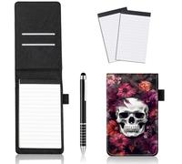 JANENFNA Lot de 4 mini supports de bloc-notes de poche en cuir avec stylo en métal et 2 petits blocs-notes 3 x 5 recharges pour bureau, école, réunions, tête de mort et fleurs rouges