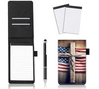 JANENFNA Lot de 4 mini supports de bloc-notes de poche en cuir avec stylo en métal et 2 petits blocs-notes 3 x 5 recharges pour bureau, école, réunions, drapeau croix en bois