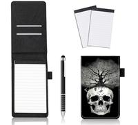 JANENFNA Lot de 4 mini supports de bloc-notes de poche en cuir avec stylo en métal et 2 petits blocs-notes de 3 x 5 recharges pour bureau, école, réunions, arbre à tête de mort