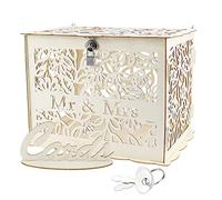 JaneYi Boîte à Cartes de Mariage en Bois Grande à Enveloppe 30x23x23cm Urne de Mariage Champêtre Tirelire avec Serrure et Fente pour Couples Fête d'Anniversaire - Mr & Mrs