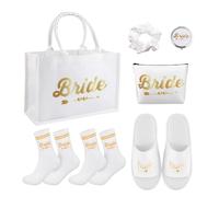 JaneYi Sac à Main de Mariée Blanc Coffret 6 Pièces avec Pochette Beauté Pantoufles Chaussettes Miroir et Chouchou en Satin pour Future Mariée Femme Mariage EVJF