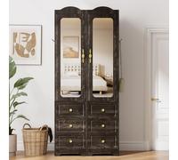 JanfltHome Armoire de penderie, armoire en bois de 176,5 cm de haut, armoire de chambre à coucher avec miroir et 3 tiroirs, armoire de rangement rustique marron avec tringle de suspension et capteur