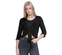 janisramone® Boléro pour femme, double tricot fin à manches 3/4 noué sur le devant, cardigan court extensible, haut d'été léger, haut de soirée pour femme, Noir , Taille unique