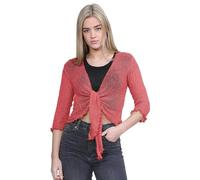 janisramone® Boléro pour femme, double tricot fin à manches 3/4 noué sur le devant, cardigan court extensible, haut d'été léger, haut de soirée pour femme, corail, Taille unique