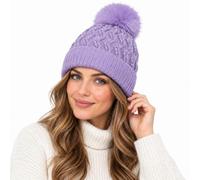 janisramone® Bonnet thermique à pompons, doublure en fourrure pour femme | Zigzag Bonnet à pompon en tricot isolé pour femme Noir Taille unique
