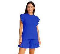 janisramone Ensemble 2 pièces Co Ord pour femme, col rond uni, haut péplum à volants à manches courtes avec taille élastique, short et haut d'été pour femme, tenue élégante d'aéroport, bleu marine, 40