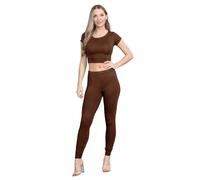janisramone Ensemble 2 pièces pour femme Co Ord - Haut court uni à manches courtes et col rond - Taille élastique - Ensemble de sport décontracté - Tenue de détente extensible - Pour la danse et le