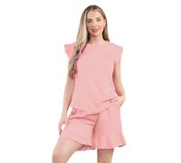 janisramone Ensemble de vêtements de détente pour femme, haut à manches volantées et short texturé à taille élastique, ensemble confortable pour femme, tenue 2 pièces élégante, rose, Taille unique