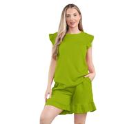 janisramone Ensemble de vêtements de détente pour femme, haut à manches volantées et short texturé à taille élastique, ensemble confortable pour femme, tenue 2 pièces élégante, Vert citron foncé