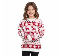 janisramone Pull de Noël unisexe tricoté à col rond avec motif renne et flocon de neige, pull à manches longues pour garçons et filles, Flocon de neige de renne - Crème, 5-6 ans