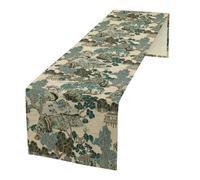 JanJCurt Chemin de table paysage asiatique, style chinoiserie oriental, vintage, vert sarcelle, montagnes, pins, pour fête de mariage, vacances, cuisine, salle à manger, décoration quotidienne, 33 x