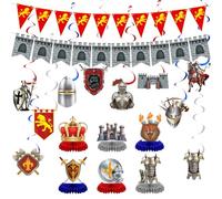 Janlaugh Lot de 18 décorations de fête d'anniversaire chevalier médiéval - Décoration de table - Tourbillons médiévaux à suspendre - Bannière en pierre - Bouclier mural pour fête d'anniversaire