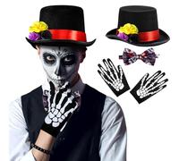 Janmercy 4 Pcs Halloween Mens Day of The Dead Costume Set Including Black Skeleton Gloves, Top Hat and Bow Tie for Men Halloween Dress up Cosplay Dia De Los Muertos Party Accessories