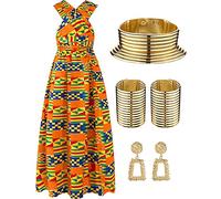 Janmercy Ensemble de 4 pièces de costume africain traditionnel bohème, collier ras du cou, bracelet, boucles d'oreilles, bijoux pour femme, Medium, Résine, cuir et alliage, Résine, cuir et alliage