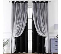 JANMEYO Rideaux occultants modernes pour fenêtre - Double couche - Étoiles découpées - Panneaux occultants avec voile pour chambre à coucher, chambre d'enfant et salon - 2 panneaux - Noir - 52 x 72 x