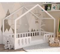 Janne 2en1 Lit au Sol Lit Maison pour Enfants 90x200 cm Blanc, Barrière de sécurité Amovible, Design Montessori, Transformable, Bois Massif, sommier Inclus