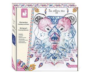 Janod, 5 Portraits d'Animaux en String Art, Kit Créatif, Dès 10 Ans | 5 Tableaux en Mousse, 800 Clous, 10 Échevettes de 7 m et 1 Outil, Activité Calme de Fils Tendus
