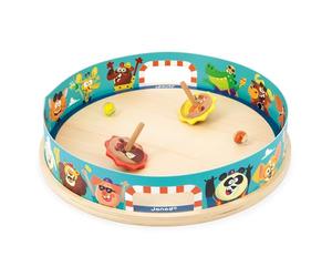 Janod, Applepop, Toupies Arena, Jeu d'Adresse 2 Joueurs, Dès 4 Ans | Arène avec 2 Lanceurs, 2 Toupies en Bois et 2 Billes, Deux Modes de Jeu, Pour Développer l'Adresse et la Dextérité