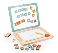Janod, Ardoise Enfant 4 en 1 en Bois, Magnétique, Dès 3 Ans | Ardoise Magique, Noire et 2 Faces Blanches, 42 Magnets, 5 Craies, Brosse et Stylet, Mallette avec Poignée pour le Transport