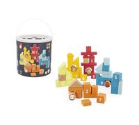 Janod - Baril 56 Pièces en Bois avec différentes Formes, Motifs, Numéros, Couleurs - Mon Premier Jeu de Construction - Boîte à Formes intégrée - Jeu d'Imitation - Dextérité & Créativité - Dès 1 an