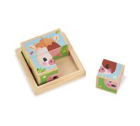 Janod, Ferme, Puzzle de 4 Cubes en Bois Bébé, 6 Scènes Dès 12 Mois | Barquette en Bois, 6 Animaux de la Ferme à Composer, Fonds Colorés, Coordination et Observation, Sans Piles