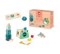 Janod, Box d'Éveil, Dès 12 Mois | Box 12 Mois, Bâton de Pluie, Boîte à Formes, Pyramide, Puzzle, Jouet d' Éveil en Bois FSC