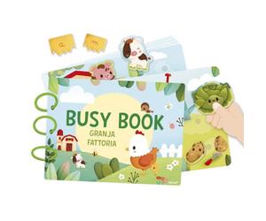 Janod, Busy Book, Ferme Espagnol-Italien, Livre d'Activités, Dès 3 Ans | 18 Pages d'Activités avec Scratch, Livre Évolutif, Animaux, Chiffres et Alphabet, Motricité Fine, Carton Pelliculé, 27x21 cm