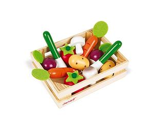 Janod, Cagette de 12 Légumes en Bois, Dînette Enfant, Dès 3 Ans | 2 Poireaux, 2 Radis, 2 Pommes de Terre, 2 Champignons, 2 Tomates et 2 Carottes, Accessoires de Cuisine Enfant
