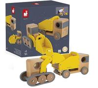 Janod - Camion Benne et Pelleteuse en Bois Massif Bolid - Roues Silencieuses - Imagination et Motricité Fine - Certifié FSC - Peinture à l'Eau - Dès 2 Ans, J04634, Jaune