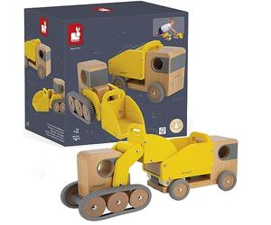 Janod - Camion Benne et Pelleteuse en Bois Massif Bolid - Roues Silencieuses - Imagination et Motricité Fine - Certifié FSC - Peinture à l'eau - Dès 2 Ans, J04634