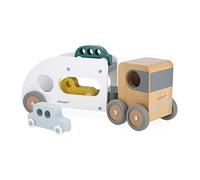 Janod - Camion Porte-Autos en Bois Massif Bolid - Remorque Amovible - 3 Voitures Incluses - Imagination et Motricité Fine - Certifié FSC - Peinture à l'eau - Dès 2 Ans, J04637