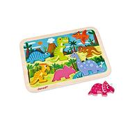 Janod, Chunky Puzzle Dinosaures en Bois, 7 Pièces 3D, Dès 18 Mois | Puzzle Dinosaures d'Éveil avec Pièces Épaisses de 1,5 cm, Figurines Debout, Prise en Main Facile, Motricité et Imagination