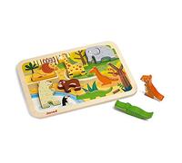 Janod, Chunky Puzzle Zoo en Bois, 7 Pièces 3D, Dès 18 Mois | Puzzle d'Éveil Animaux avec Pièces Épaisses de 1,5 cm, Figurines Debout, Prise en Main Facile, Motricité et Imagination