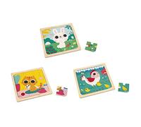 Janod, Coffret de 3 Puzzles Animaux en Bois FSC, 3 x 9 Pièces, Dès 18 Mois | 3 Plateaux, Pièces Faciles à Manipuler, Modèles Imprimés et Encoche de Préhension, Motricité Fine, Concentration et Autonomie