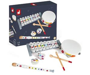 Janod, Confetti, Set de Jouets Musicaux en Bois FSC, Dès 18 Mois | Xylophone 8 Tons, Tambourin, Flûte et 2 Castagnettes, Premiers Sons, Éveil Musical, Initiation à la Musique et Coordination