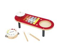 Janod, Confetti, Table Musicale en Bois, Dès 18 Mois | Cymbale, Tambour, Xylophone et 2 Baguettes Rangeables, Jeu d'Imitation, Éveil Musical et Coordination