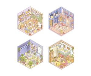 Janod, Cosy Stickers Lovely Home, Kit Créatif Sticker Book Adulte | Pause Créative Kidulte, Plus de 300 Stickers, 4 Décors à Composer, Pince Métal, Dès 14 Ans, 45 Min/Décor