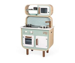 Janod - Cuisine Double Face Cooker Reverso - Cuisinière en Bois pour Enfant Recto-Verso - Cuisinière Lumineuse et Sonore - avec 7 Accessoires - De 3 à 8 Ans, J06594