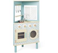 Janod - Cuisine en Bois Trio - Cuisine Compacte 3 Faces - Jouet d'Imitation Cuisine et Dinette - Style Rétro - 5 Ustensiles Métal Inclus - Peinture à l'Eau - Dès 3 Ans, J06546
