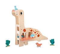 Janod, Dino, Garage Diplodocus en Bois FSC, Dès 2 Ans | Garage Dinosaure à 2 Étages avec Ascenseur, Rampe, 4 Véhicules Dinosaures et 2 Cactus, Motricité Fine