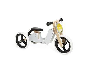 Janod - Draisienne Tricycle Évolutif 2-en-1 en Bois - Siège Réglable et Poignées Ergonomiques - Look Rétro Vintage - Equilibre et Autonomie - Couleur Gris - Dès 18 Mois, J03280