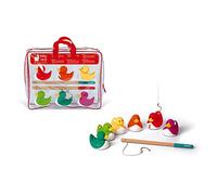 Janod, Ducky, Pêche à la Ligne avec 6 Canards et 2 Cannes, Dès 2 Ans | Jeu de Pêche Enfant et Jouet de Bain, 6 Canards, 2 Cannes en Bois Massif et Sac de Rangement avec Ventouse