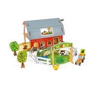 Janod - Ferme des Animaux Story - 10 Figurines en Bois - Jouet d'Imagination - Animaux de la Ferme avec Personnages et Véhicules - Compatible avec Rails Existants sur le Marché - Dès 3 ans, J08577