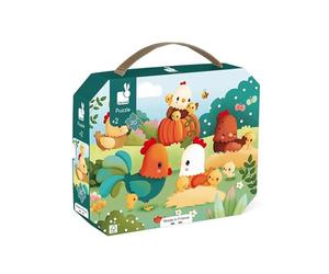 Janod, Ferme Puzzle Bienvenue à la Basse-Cour, 20 Pièces, Dès 2 Ans | 20 Grosses Pièces pour les Petites Mains, Poules et Poussins, Carton FSC, Encres Végétales, Fabriqué en France