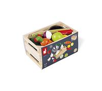 Janod, Fruits et Légumes en Bois à Découper, Dès 3 Ans | 5 Fruits, 4 Légumes, Planche, Couteau, Passoire et Cagette, Aliments à Découper Pour Développer la Motricité Fine