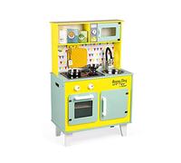 Janod - Grande Cuisine Enfant en Bois Happy Day - Équipée avec Frigo et Four Micro Ondes, Bruitage et Lumière - Imitation et Eveil - 7 Accessoires Inclus - Dès 3 Ans, J06564, Bleu et Jaune