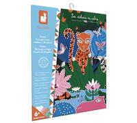 Janod, Les Ateliers du Calme, Diamond Painting Jungle, Dès 6 Ans | 1 Tableau et 20 Stickers, 1200 Mini-Strass de 5 Couleurs dont 1 Phosphorescente, 20 Gros Strass, Stylet, Plateau et Patience